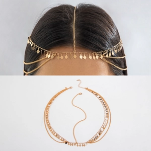 Detail view of a bohemian gold layered head chain featuring intricate diamond pendants