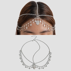 Bohemian silver head chain hair jewelry with teardrop pendants and intricate coin details