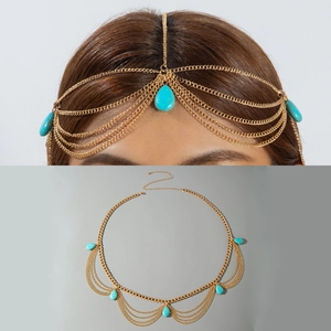 Detail of bohemian gold head chain featuring turquoise pendants and multilayered fringe
