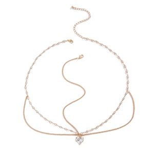 Gold multi-layer head chain featuring delicate rhinestones and a heart crystal pendant