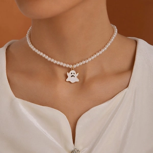 Ghost Pendant Imitation Artificial Pearl Necklace Alloy Enamel Halloween Sweet Cool Style Jewelry For Women