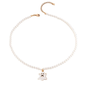 White ghost pendant necklace with faux pearls and gold clasp for Halloween style