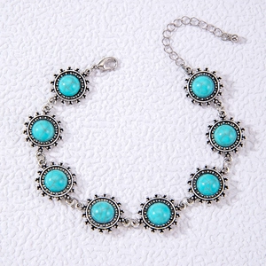Bracelet de cheville bohème en alliage argenté avec pierres turquoise et fermoir réglable