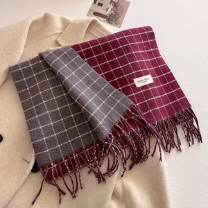 Classic double-sided plaid scarf in burgundy and grey with fringed edges for winter