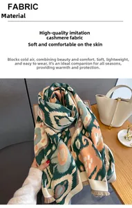 Detail of soft faux cashmere scarf featuring retro geometric patterns and heart prints