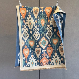 Detailed view of vintage heart pattern scarf with fringe trim and ikat weaving texture