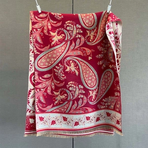 Detailed view of burgundy paisley cashmere-like shawl with elegant fringe and patterns