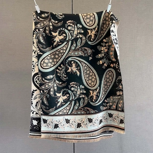 Close-up of high-density paisley knit scarf with intricate patterns and fringe edges