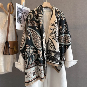 Cashmere-like paisley print scarf with fringe, stylish autumn winter pashmina shawl