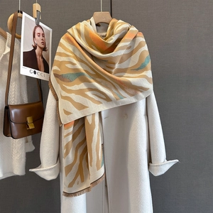 Soft faux cashmere scarf with colorful irregular stripes and fringe for winter fashion