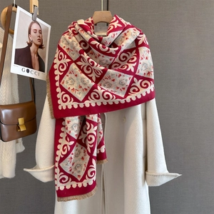 Retro ethnic style jacquard tassel scarf in red and cream for winter neck warmth