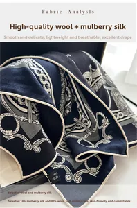 Détail d'écharpe en laine et soie montrant la texture sergée et les motifs équestres