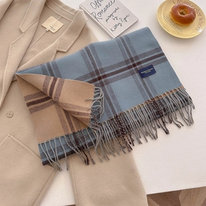 Detail of gray-blue and beige plaid scarf with fringe tassels on a beige wool coat