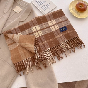 Detail of soft thick brown checkered scarf with fringe on wool coat and classic props
