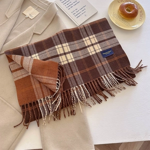 Detailed texture of thick plaid tassel scarf with fringe on wool coat