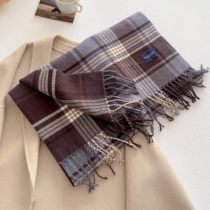 Detail of classic plaid scarf texture with elegant tassels on a soft cashmere coat