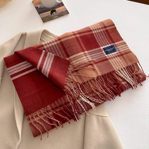 Detail of red and beige checkered scarf with long tassels on a beige wool coat