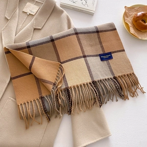 Detailed close-up of cashmere-feel plaid scarf with fringe and blue woven label