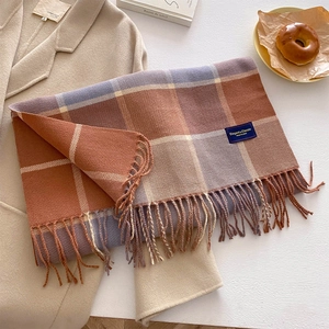 Detailed texture of thick plaid cashmere scarf with soft tassels on beige coat