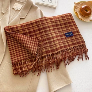Detail of red-brown and beige plaid scarf with fringe tassels on beige coat