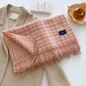 Pink and beige plaid scarf with soft fringe and elegant classic label for winter
