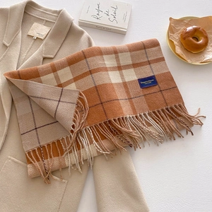 Detail of plaid scarf with fringe tassels on beige wool coat in a warm autumn scene