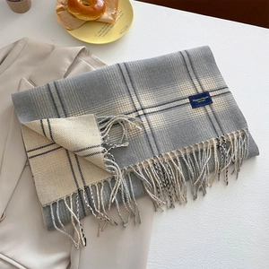 Elegant grey and beige plaid cashmere-like scarf with long tassels and woven label