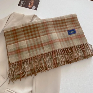 Detailed view of vintage plaid pattern scarf with tassels on beige blazer suit