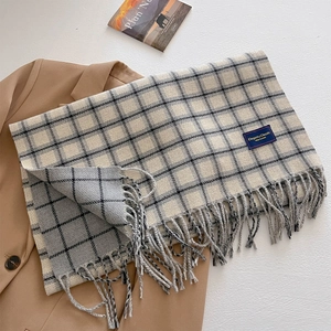 Classic plaid scarf with tassels on khaki blazer, stylish autumn winter thick wrap