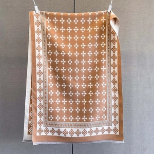 Dettaglio di sciarpa marrone simil cashmere con motivi geometrici bianchi e nappe grigie