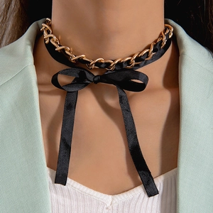 Fashion Choker Necklace With Alloy Chain Ribbon Woven Black Bow Knot Elegant Retro Gothic Style For Women