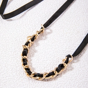 Fashion vintage ribbon bow necklace with thick gold chain and black silk ribbon design