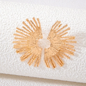 Detailed macro view of golden sunburst alloy earrings with textured metal petals