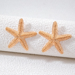 Detailed macro shot of golden starfish earrings with intricate textured alloy finish