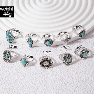 Detailed view of 10-piece vintage silver ring set with turquoise stones and floral motifs