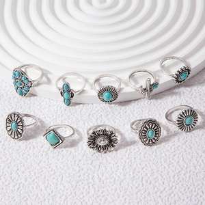 Detailed view of 10-piece bohemian vintage silver ring set with turquoise stones