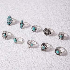 Close-up of 10-piece vintage silver boho ring set with turquoise stone accents