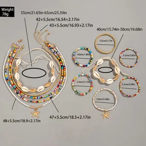 Size chart showing Bohemian shell necklace and starfish beaded bracelet set specifications