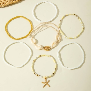 Bohemian 7-piece summer beach jewelry set with sea shells, starfish, and colorful beads