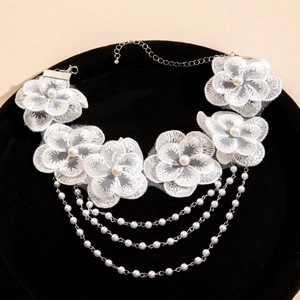 Elegant white lace floral choker necklace with pearls and layered pearl chains