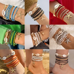 Conjuntos de tobilleras bohemias de conchas y estrellas de mar en nueve colores