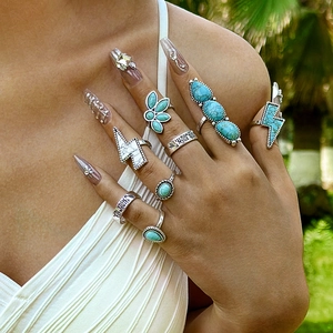 Vintage Türkis Ringe Geschnitzte Geometrische Legierung Schmuck Ethno Boho Southwestern Finger Accessoires Damen