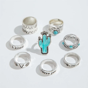 Set di 7 anelli bohémien vintage in argento con turchese, cactus e piume