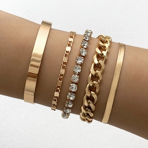 Multilayered Bracelet Bangle Zinc Alloy Gold Plated With Rhinestone Tennis Curb Snake Chain Stackable Jewelry For Women