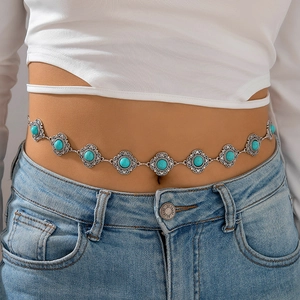Chaîne De Taille Bohème Rétro Pour Femmes Fleur Sculptée Chaîne De Corps En Métal Avec Turquoise Bleue Style Ethnique