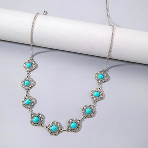Chaîne de taille bohème vintage turquoise avec motifs floraux en alliage argenté