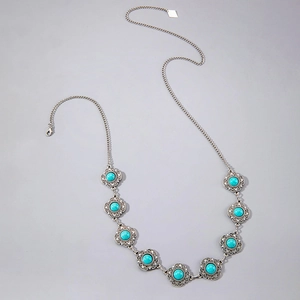 Chaîne de taille bohème en argent avec turquoises et motifs floraux gravés vintage