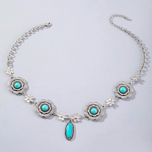 Collier bohème avec pendentifs fleurs turquoise et chaîne en alliage de couleur argent