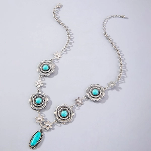 Collier bohème avec pendentif fleur en turquoise et alliage argenté vintage ajustable