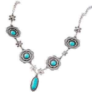 Collier bohème argenté avec fleurs turquoise et pendentif floral vintage en forme de Y